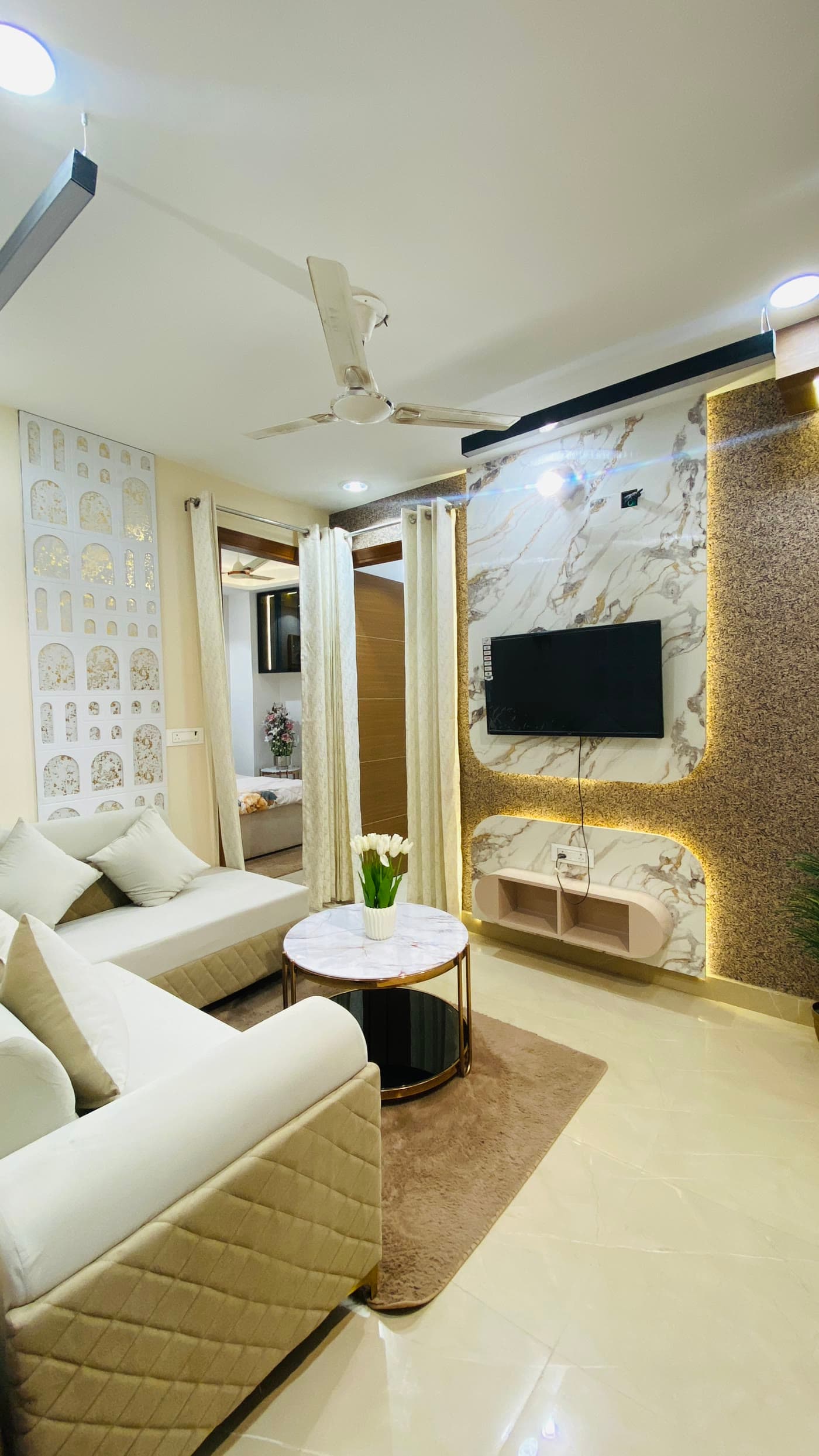 Living room seating and TV wall