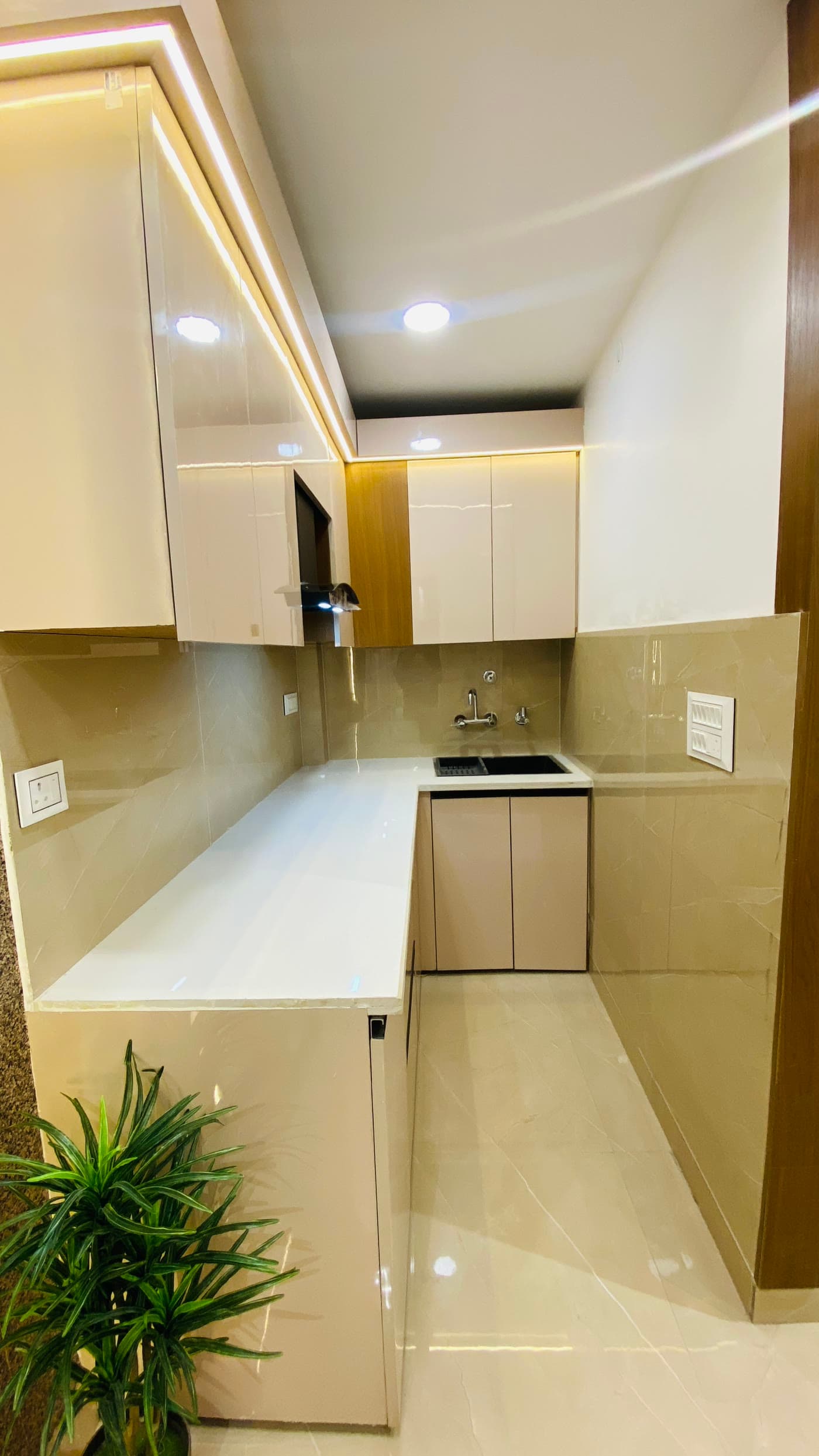 Modular kitchen with overhead cabinets